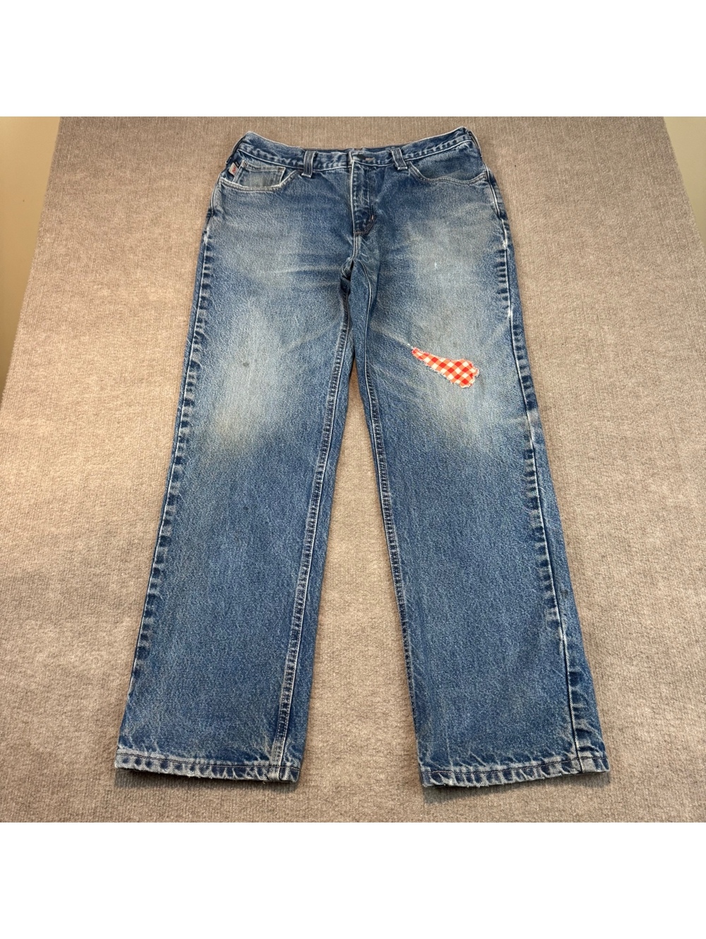 Carhartt FR Jeans Men's Relaxed Fit 34x32 Faded Blue Denim Grunge Patchwork